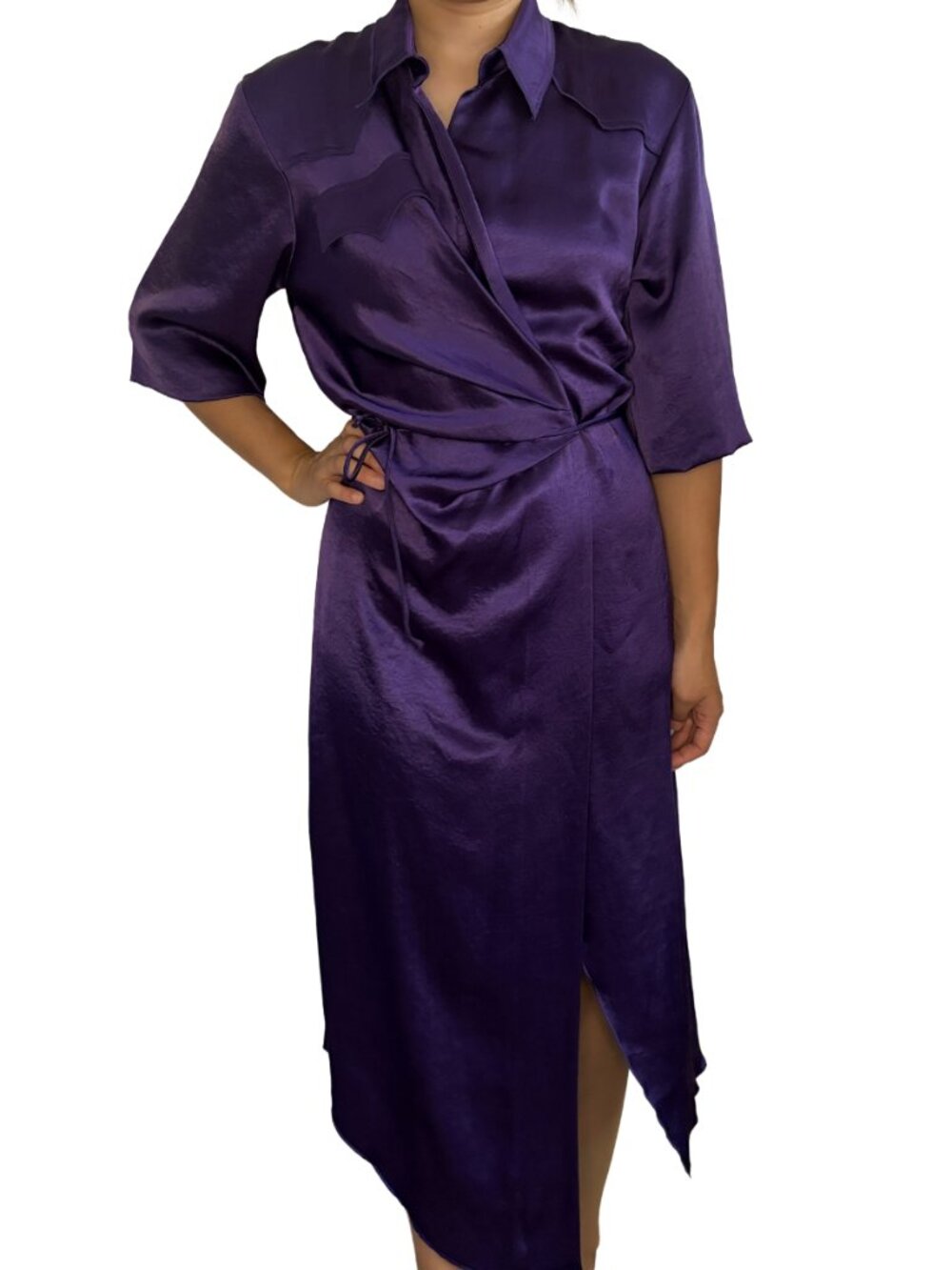 Nanushka Dalas Purple Crinkled Washed Satin Draped Collared True Wrap Dress